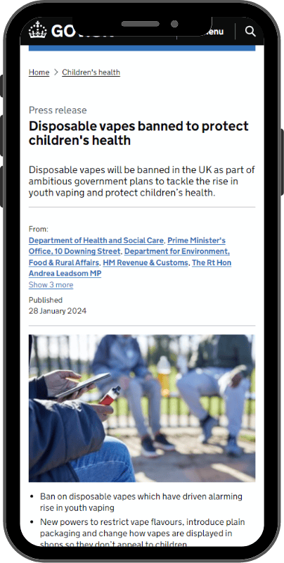 Gov.uk announcement — Disposable vapes banned to protect children's health