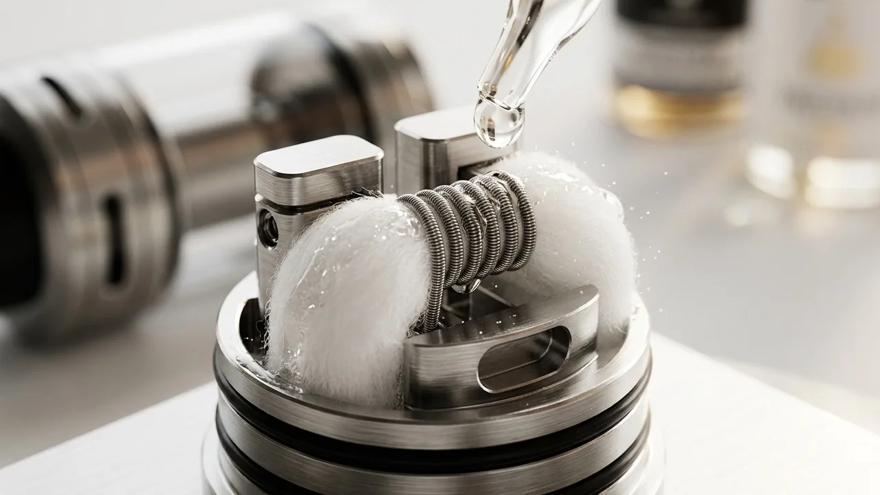 Macro of a fresh white cotton coil being primed with glistening drops of e-liquid soaking in, clean bright key light, fresh and pristine fee