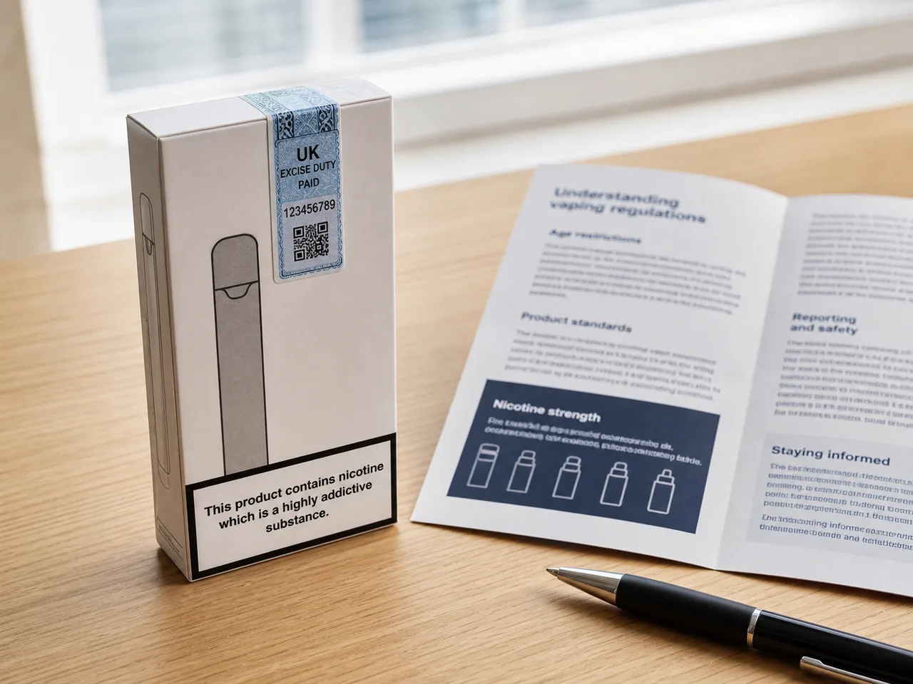 Neutral close-up of plain UK vape retail packaging with a duty-stamp position highlighted beside compliance paperwork.