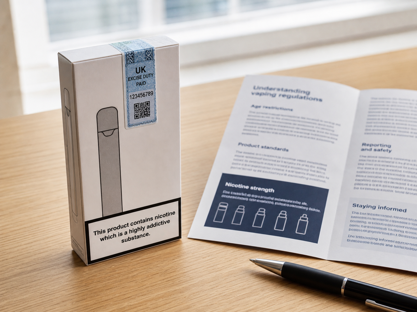 Neutral close-up of plain UK vape retail packaging with a duty-stamp position highlighted beside compliance paperwork.