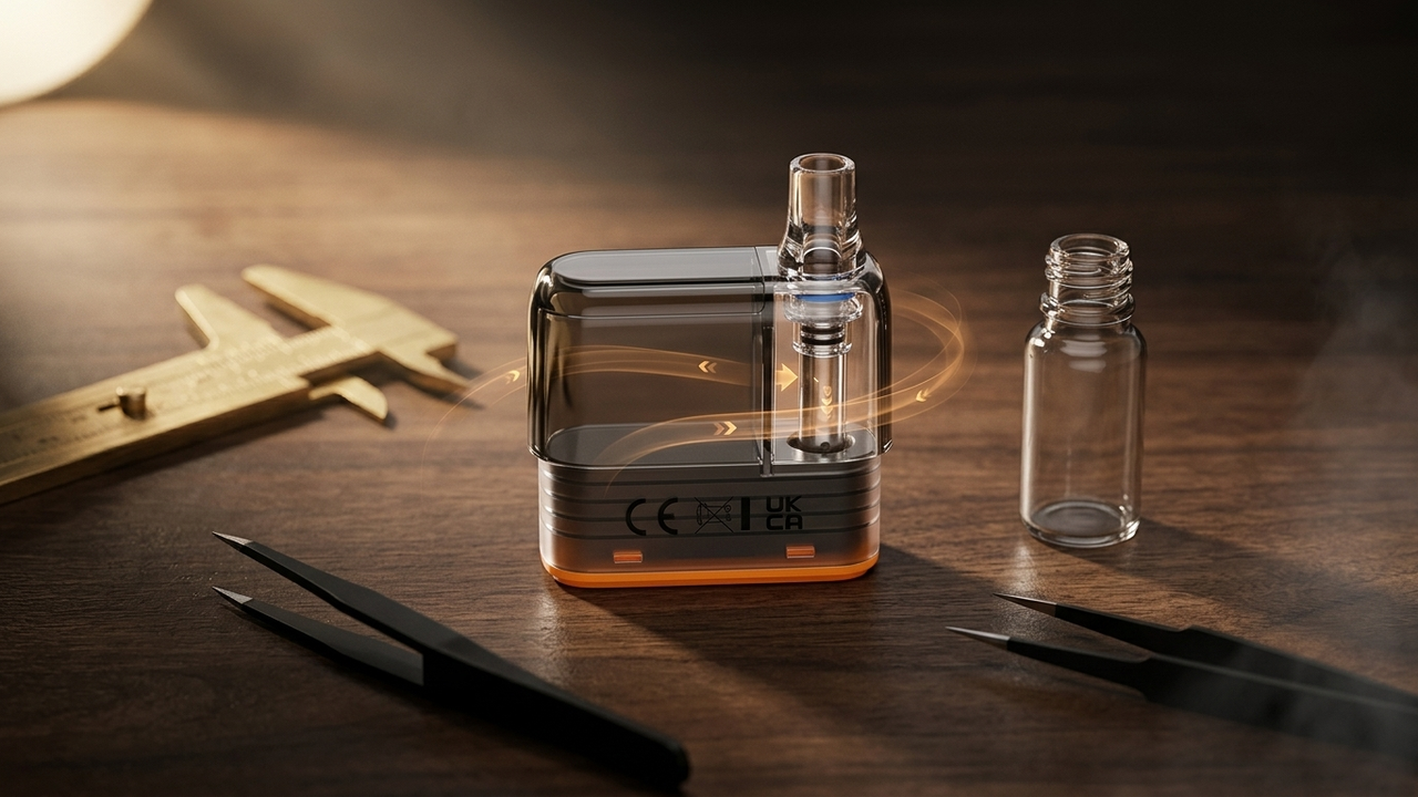 OXVA UNIONE transparent 2ml active chamber and 8ml reservoir shown in a technical refill-flow layout