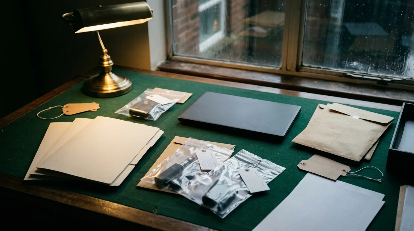 Retailer evidence file with blank folders, sealed pouches and anonymised vape evidence props on a civic records desk.