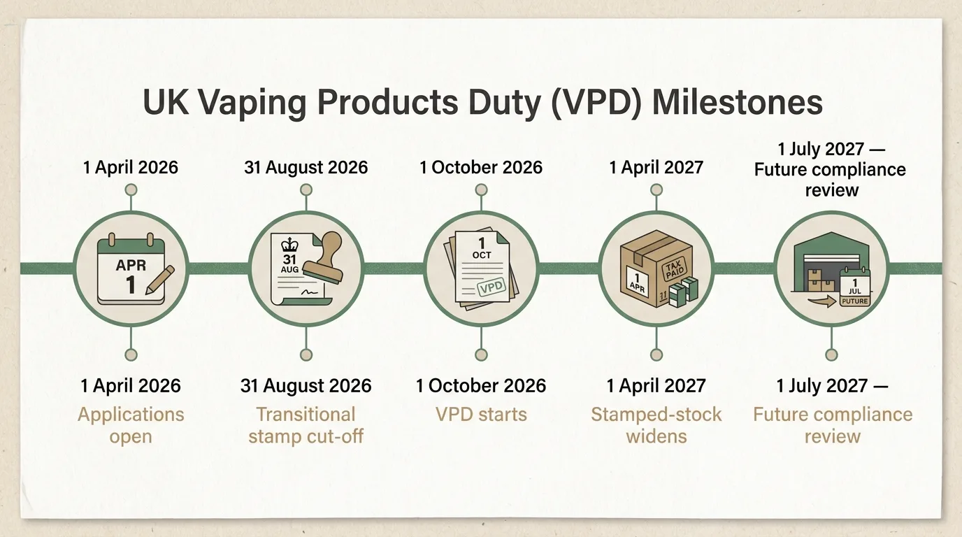 Editorial timeline graphic of UK Vaping Products Duty milestones — 1 April 2026 applications open, 31 August 2026 transitional stamp cut-off, 1 October 2026 VPD starts, 1 April 2027 stamped-stock widens.
