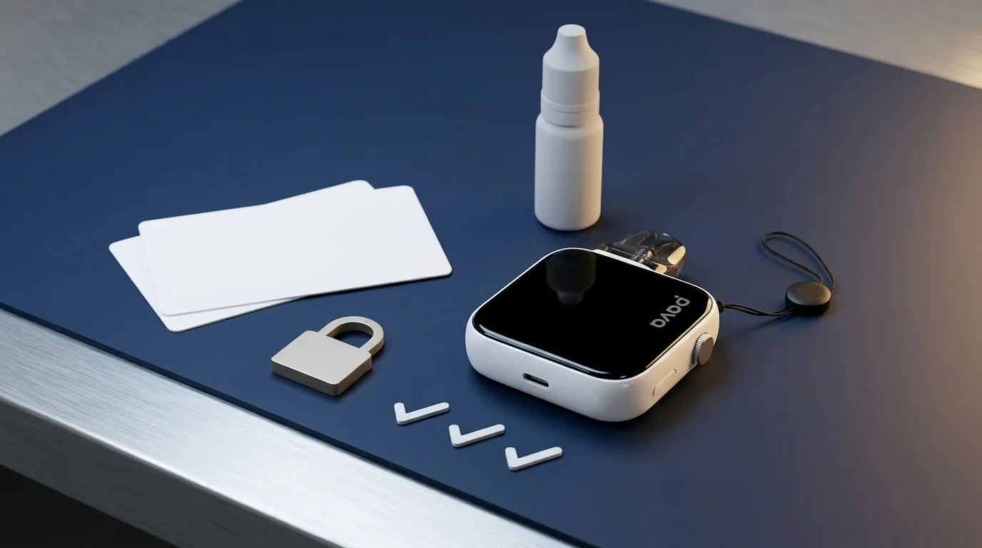 PAVA Horiz Ultra pod kit in a sober UK vape compliance still life with blank check cards.