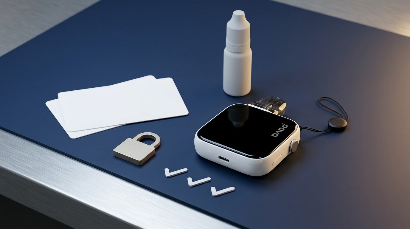 PAVA Horiz Ultra pod kit in a sober UK vape compliance still life with blank check cards.