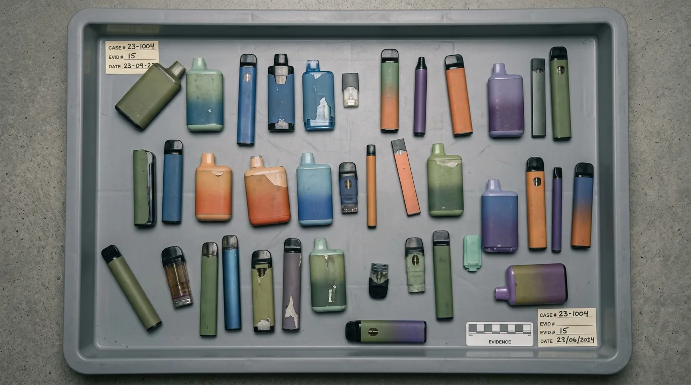 Seized counterfeit disposable vape devices laid out on a plain grey evidence tray under flat overhead light.