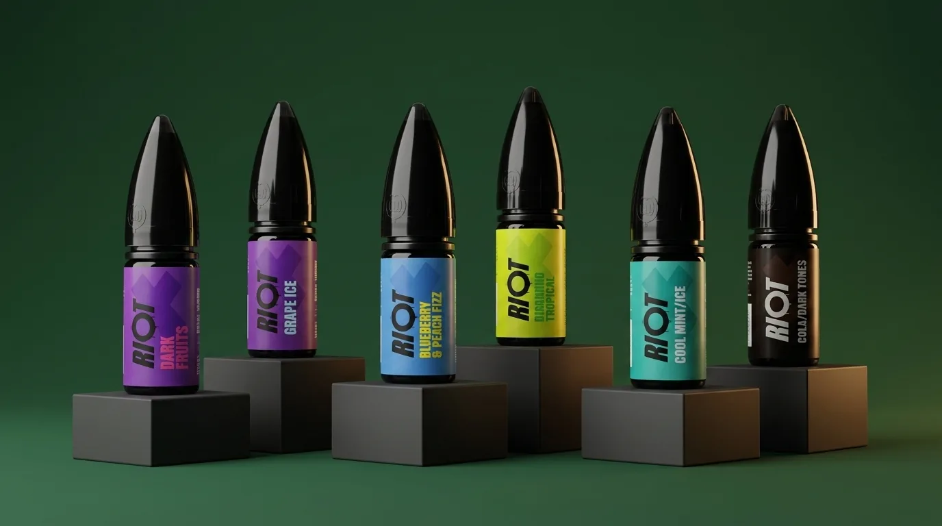 Riot X nic salt bottles grouped on muted plinths against a mature forest-green retail backdrop.