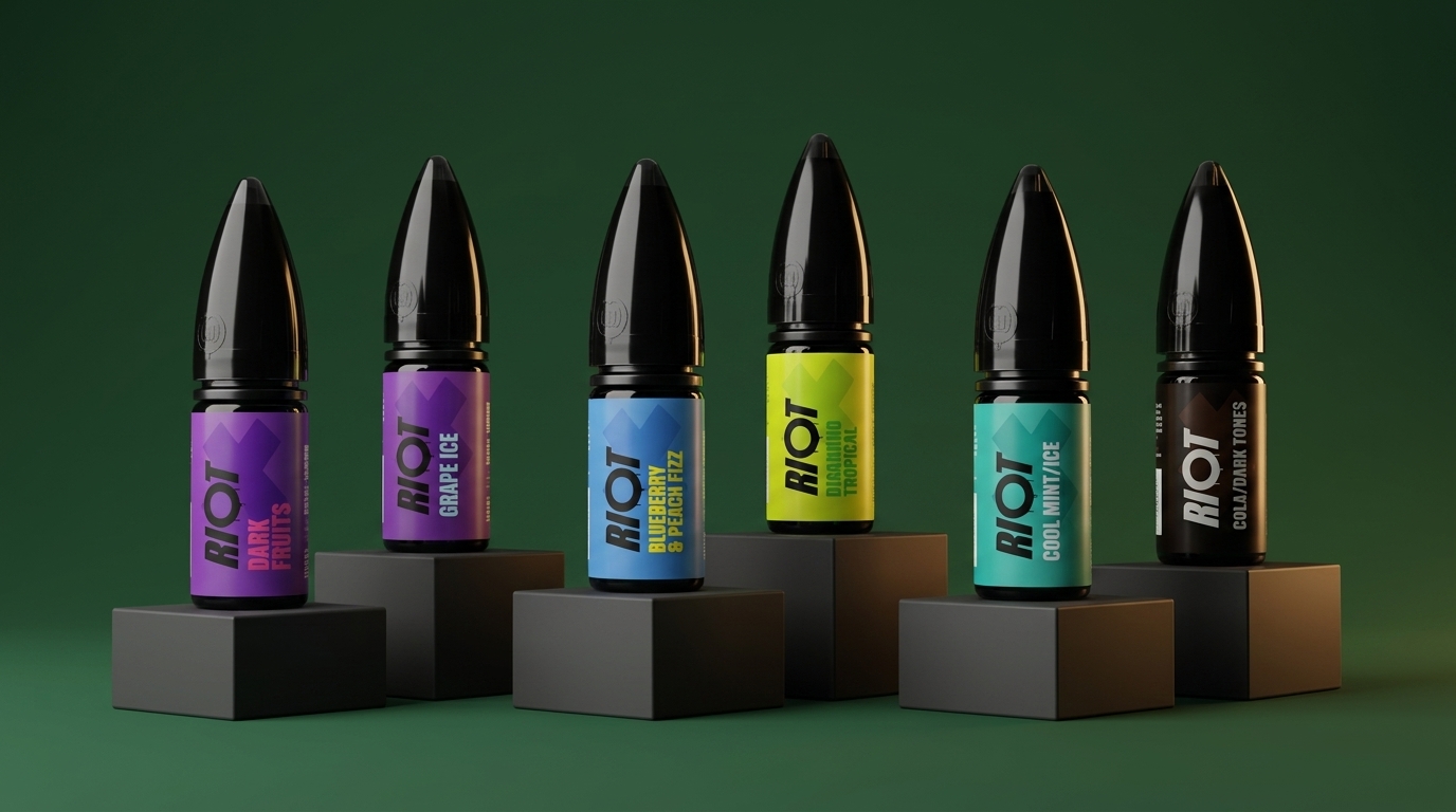 Riot X nic salt bottles grouped on muted plinths against a mature forest-green retail backdrop.
