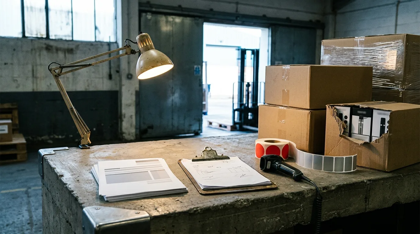 Sealed cartons, anonymised vape boxes, blank import papers, scanner and duty-label roll on a concrete warehouse counter.