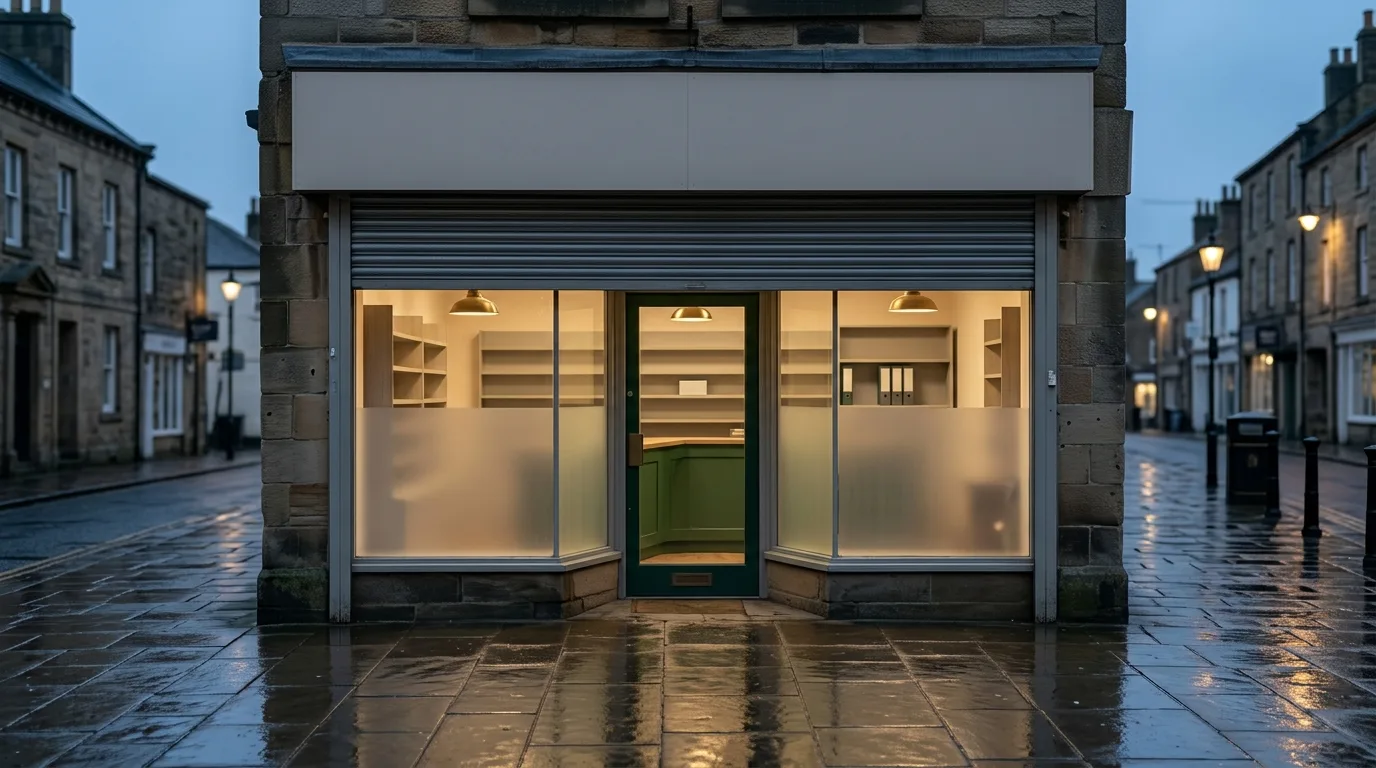 Unbranded UK high-street vape shop frontage after closing with blank compliance records inside.