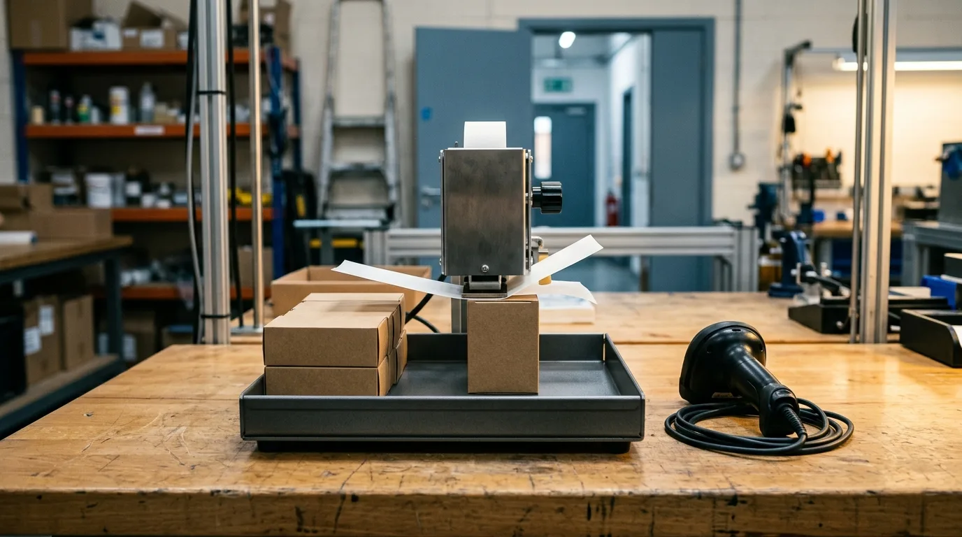 Duty stamp acceptance testing setup with blank vape cartons and label applicator on a stockroom bench.
