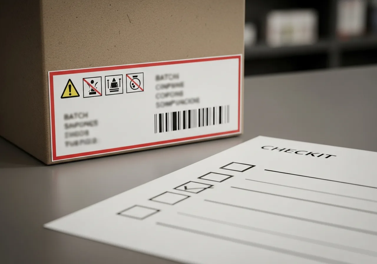 Editorial close-up of a generic vape packaging label and compliance checklist on a retail counter for UK vape packaging rules.