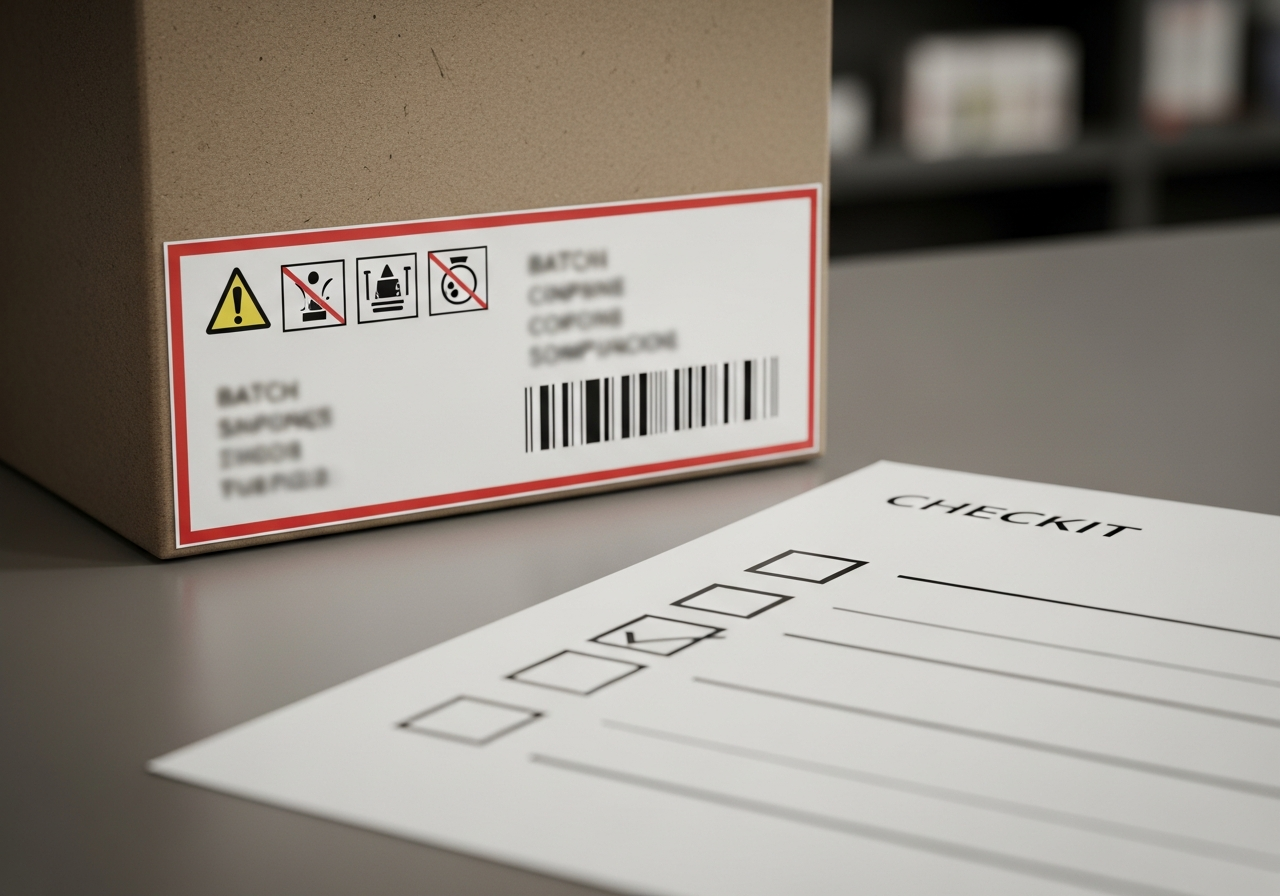 Editorial close-up of a generic vape packaging label and compliance checklist on a retail counter for UK vape packaging rules.