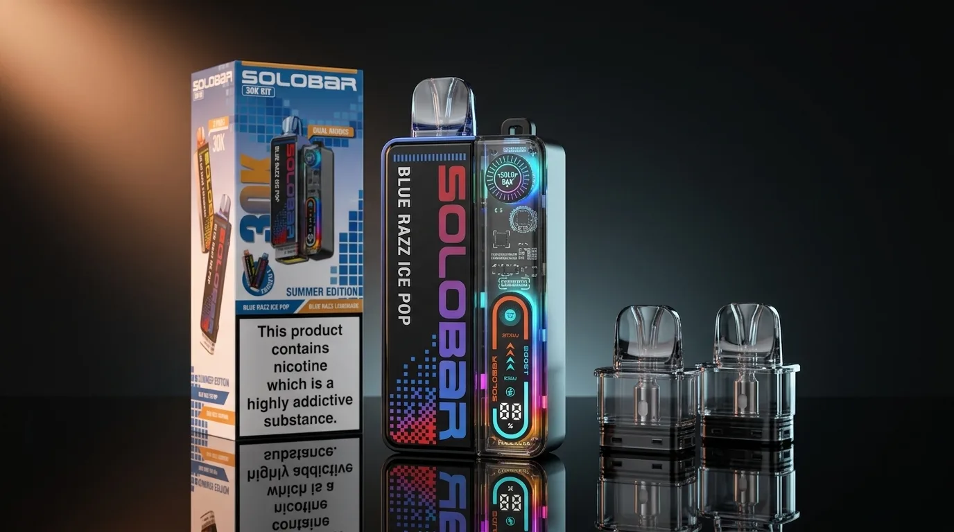 Solobar Boost 30K-style device layout showing pods and refill containers