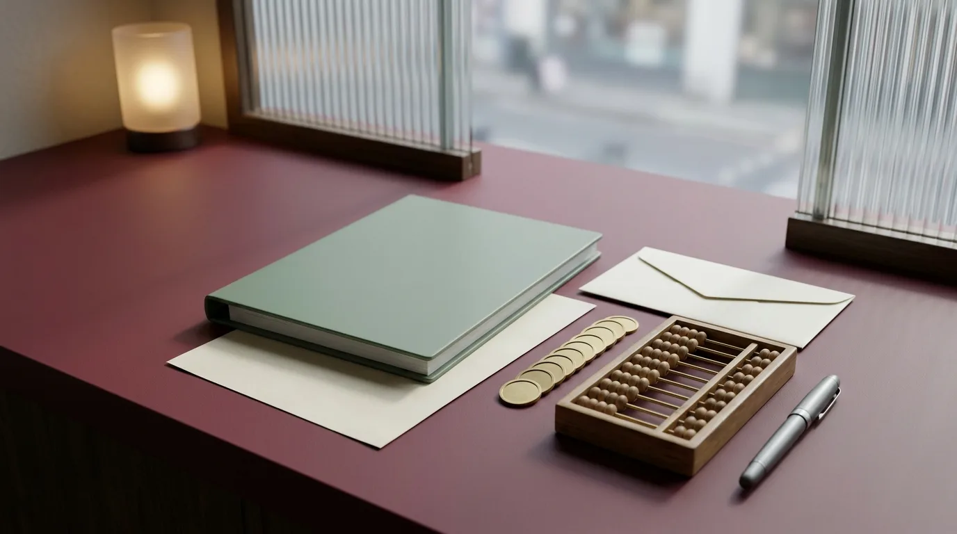 Blank ledger binder, sealed envelopes and unmarked accounting tokens on an adult retailer back-office counter.