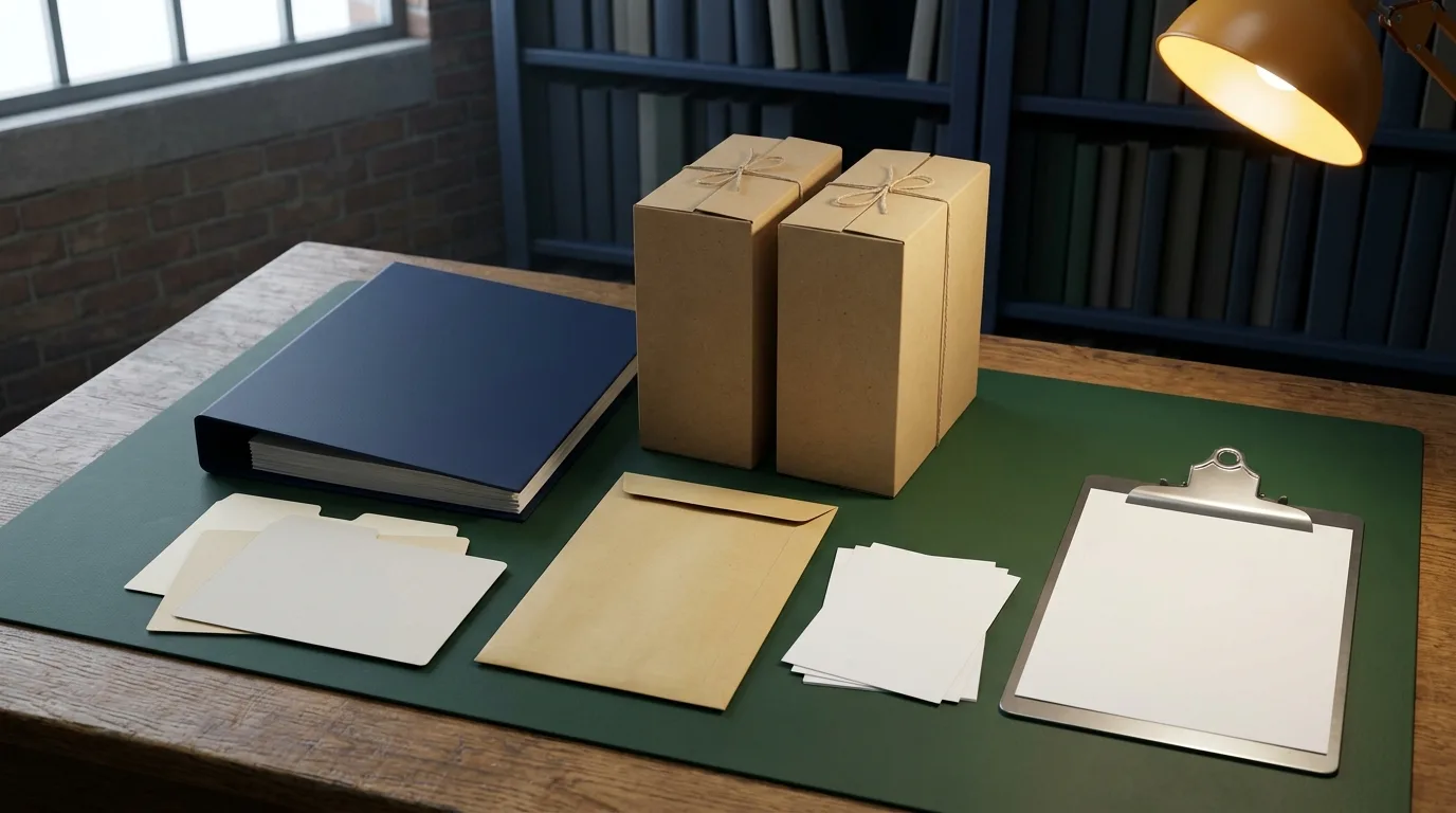 Export evidence file with blank binders, divider cards and sealed cartons in a warehouse records bay