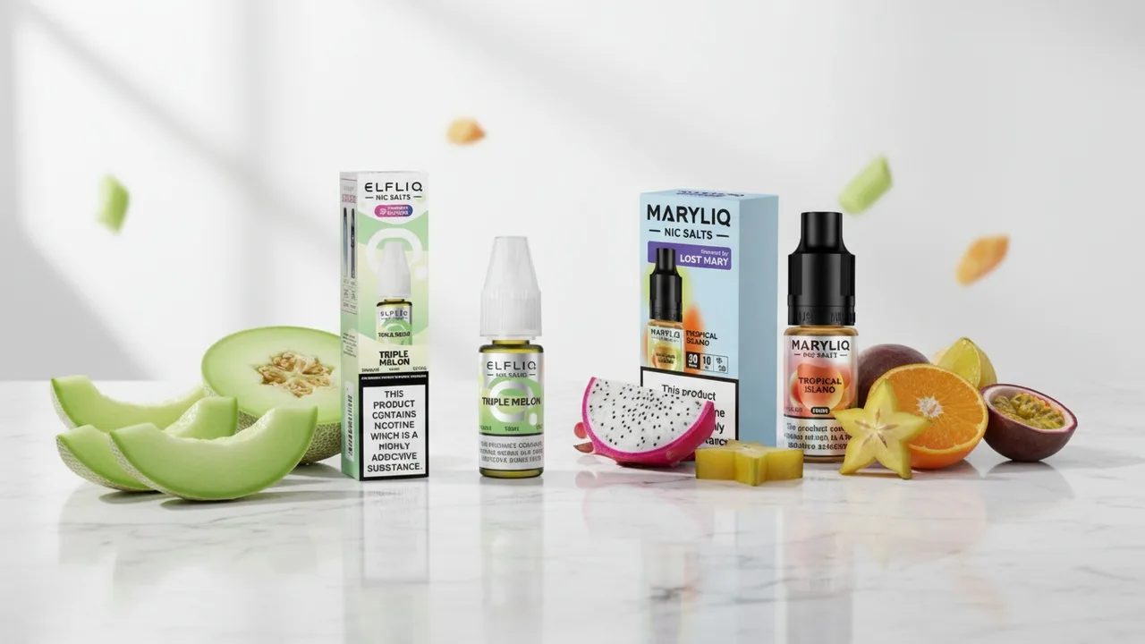 Real ELFLIQ Triple Melon and MARYLIQ Tropical Island sweet nic-salt e-liquid bottles representing new 2026 flavours.