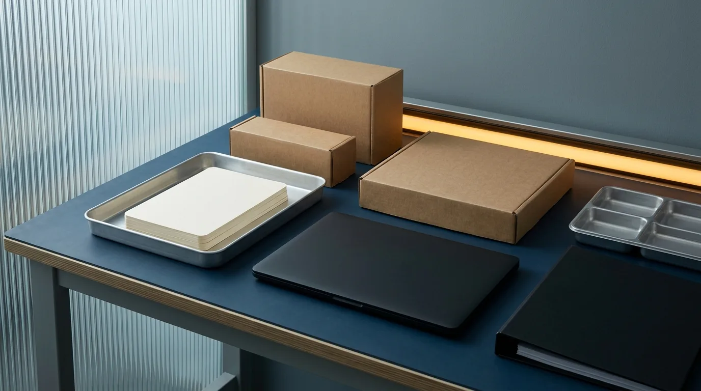 Organised compliance evidence file with blank cartons, documents and component tray on a port lab bench.