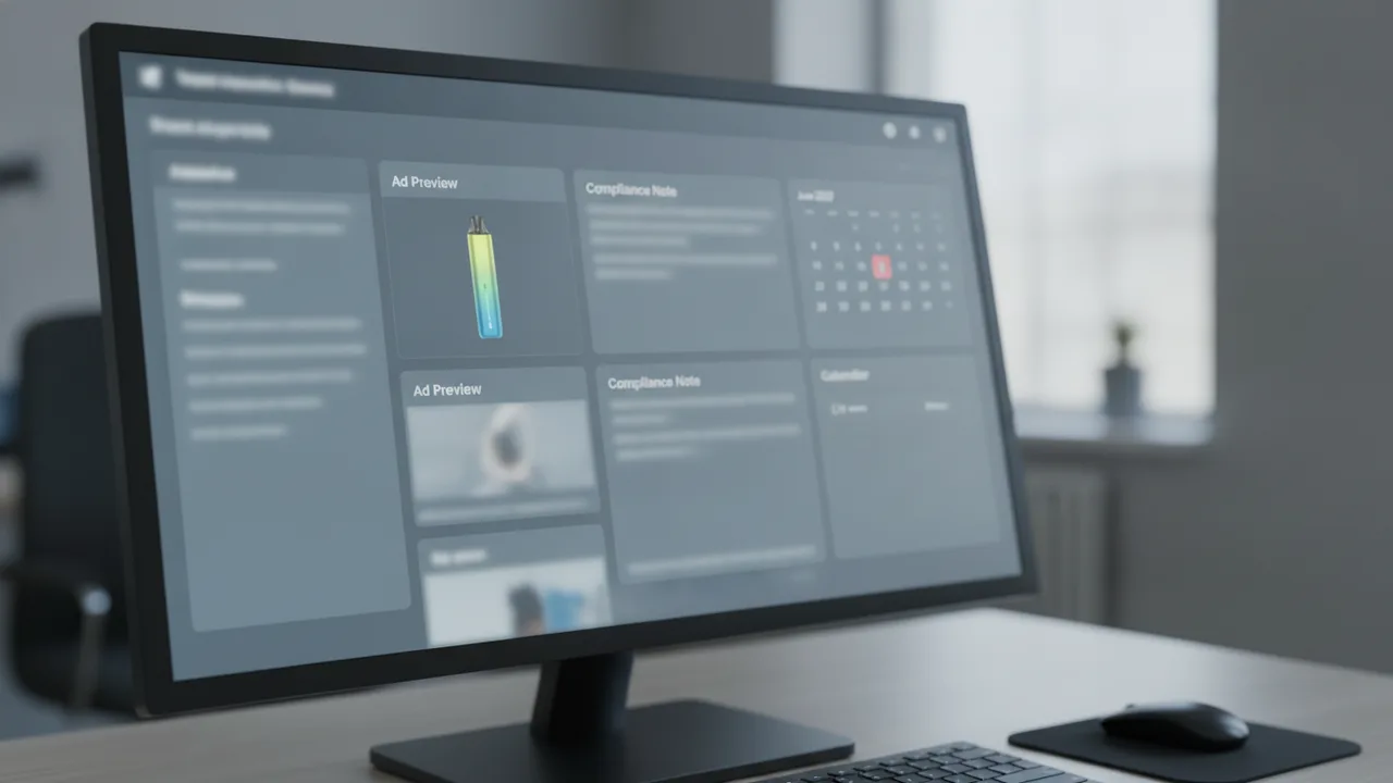 Muted digital marketing dashboard with website, email and social content channels separated for compliance review.