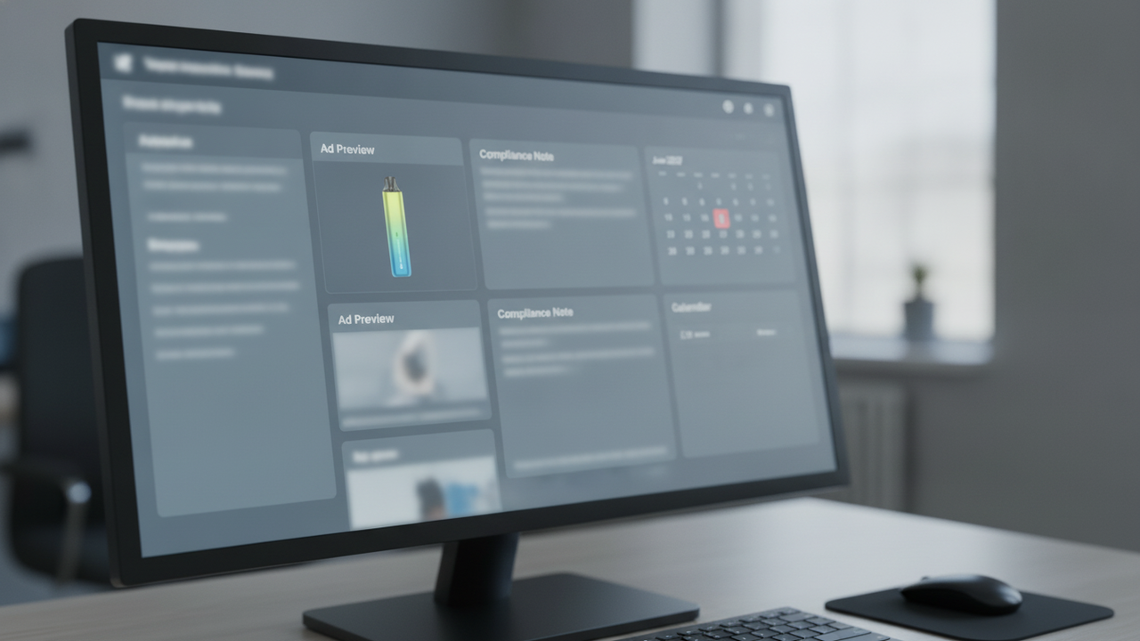 Muted digital marketing dashboard with website, email and social content channels separated for compliance review.