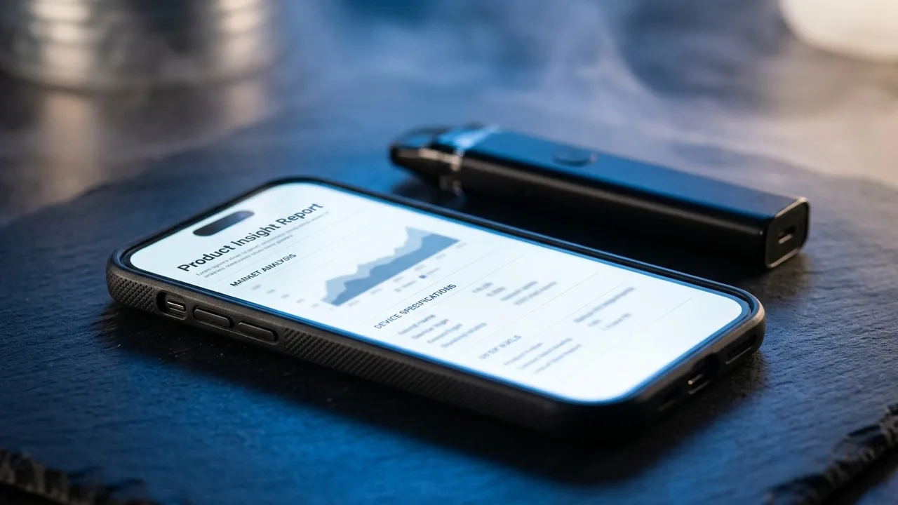 A smartphone lying on a dark surface, its screen glowing with a generic product-reporting interface, a softly blurred sealed device behind i