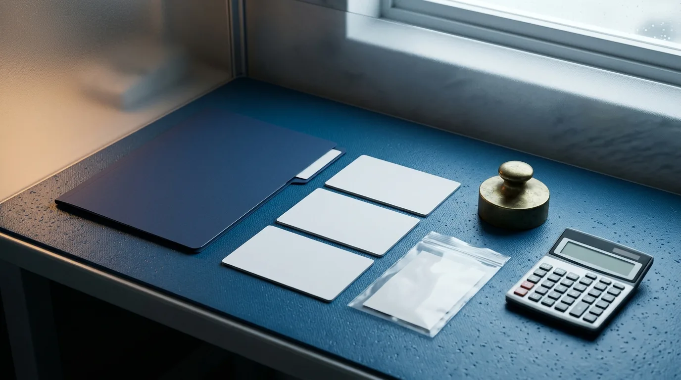 Blank procurement folder and evidence props on a port inspection bench for consumer product testing.