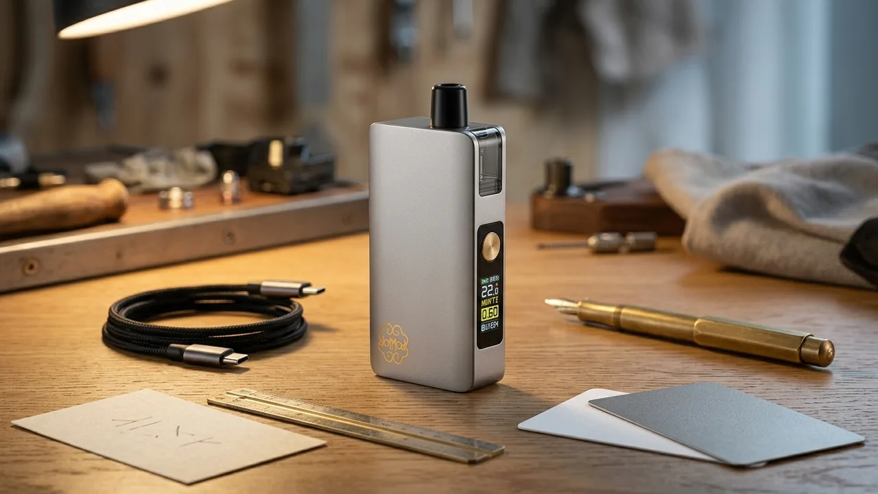 DotMod DotPod Max V1.5 on a technical workbench with USB-C cable, ruler and blank UK spec-check cards