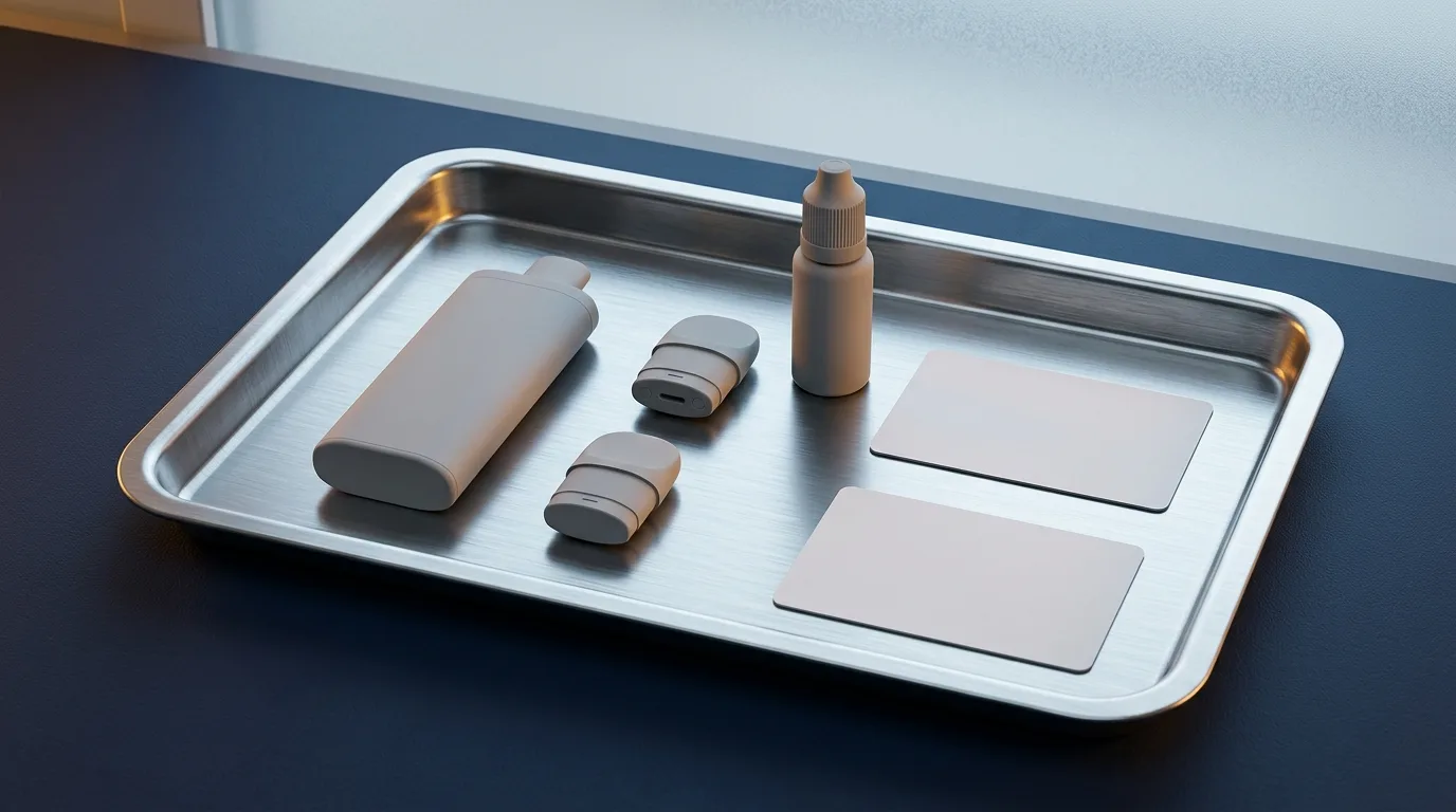 Reusable vape evidence inspection tray with unbranded component silhouettes and blank availability cards.