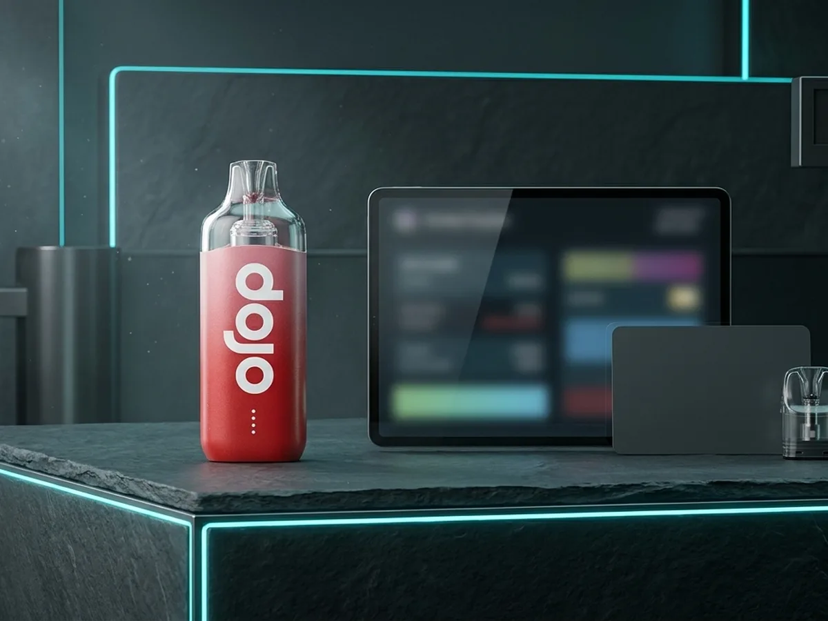Vaporesso Dojo Blast 10K beside a tablet-style retailer checklist scene.
