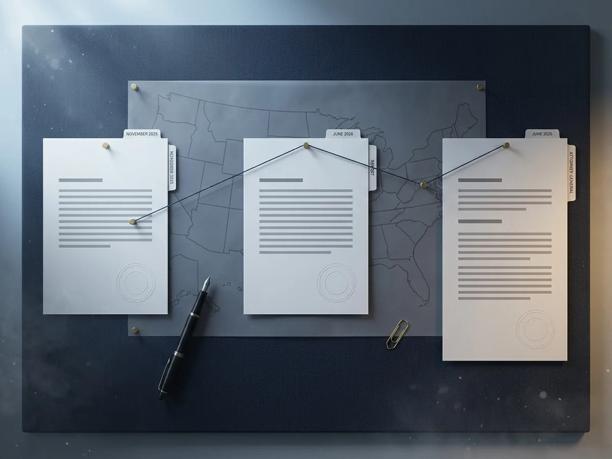 Muted newsroom timeline board showing three abstract US enforcement document cards over a subtle map outline.