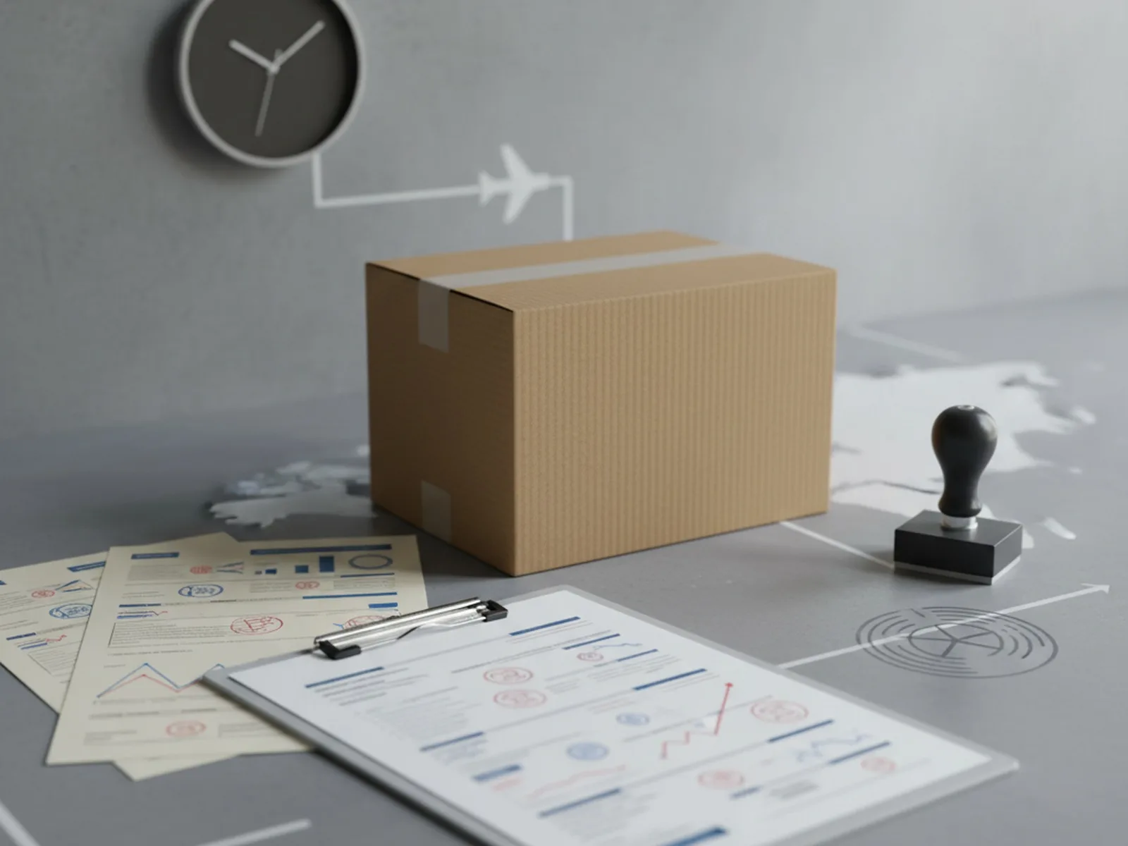 Editorial desk scene showing a parcel, compliance paperwork, a stamp, and a clock to represent cross-border nicotine pouch launch timing.