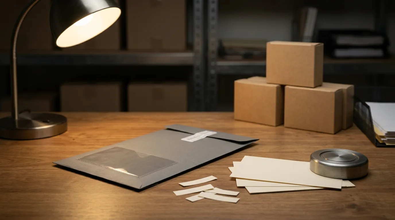 Blank record cards, sealed envelope and stamp-label offcuts on a vape compliance workbench.