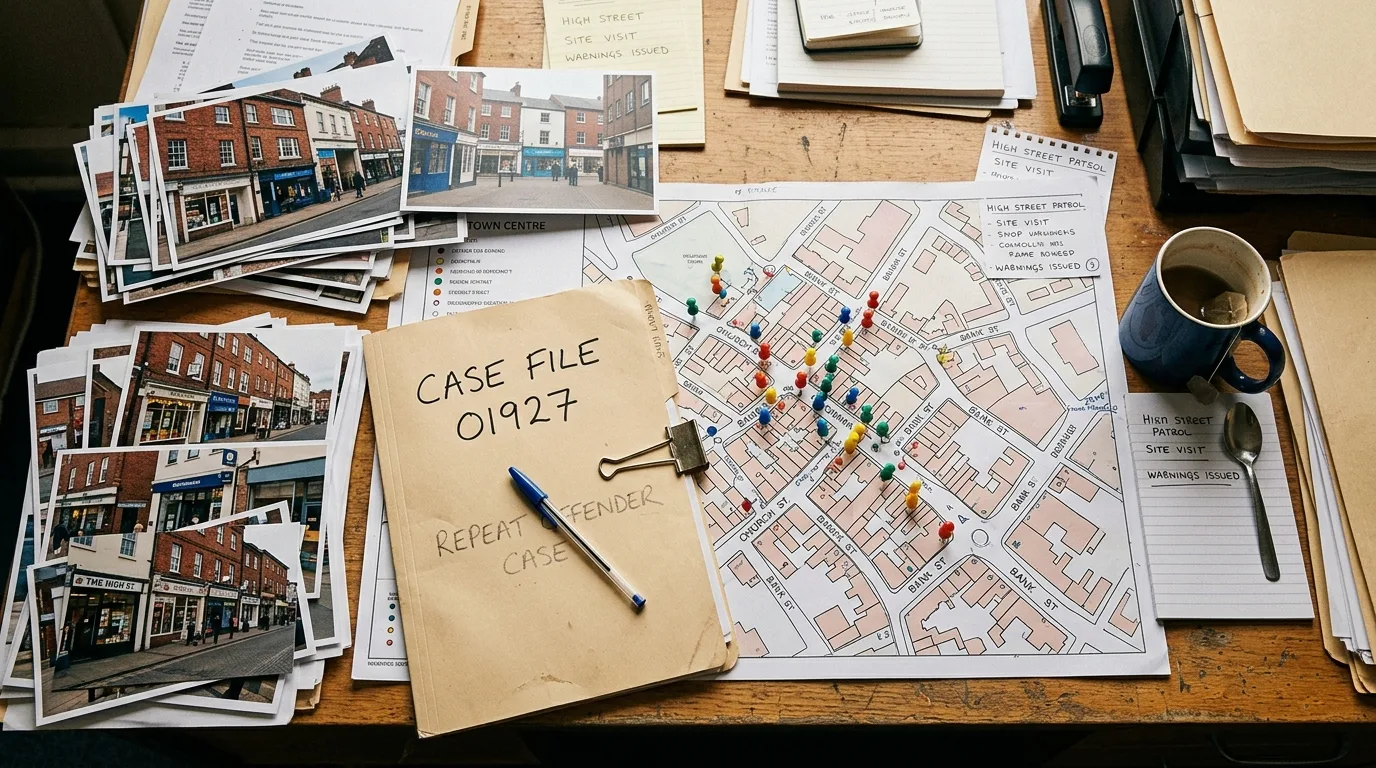 Top-down view of a council enforcement officer's desk: case photos, a pinned town-centre map, and a manila folder marked Repeat Offender Case.