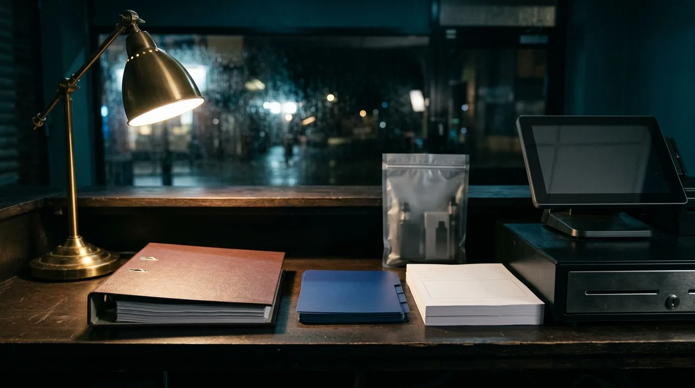 Blank premises compliance records and anonymised vape stock on an after-hours shop counter.