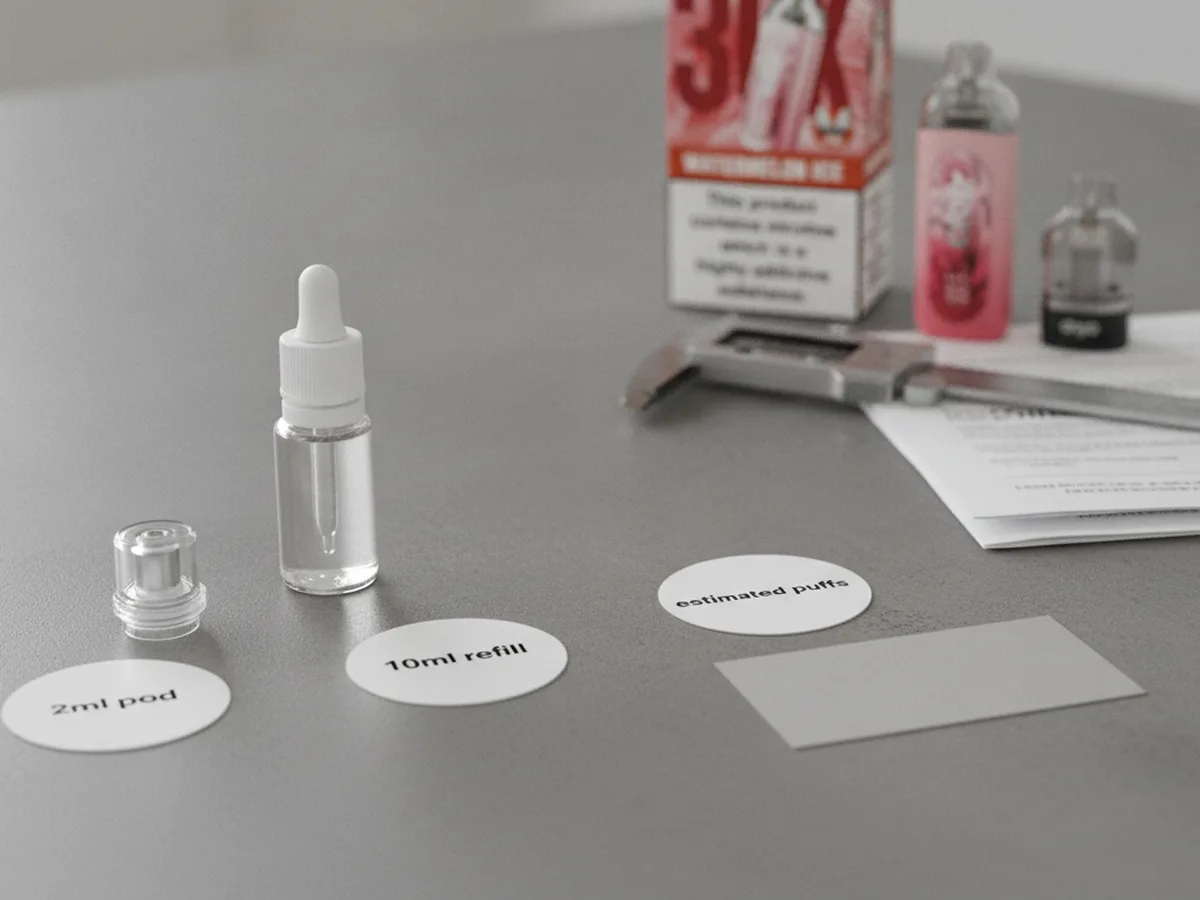 Compliance tabletop comparing a 2ml vape pod, a 10ml refill container and an estimated puff-count claim.