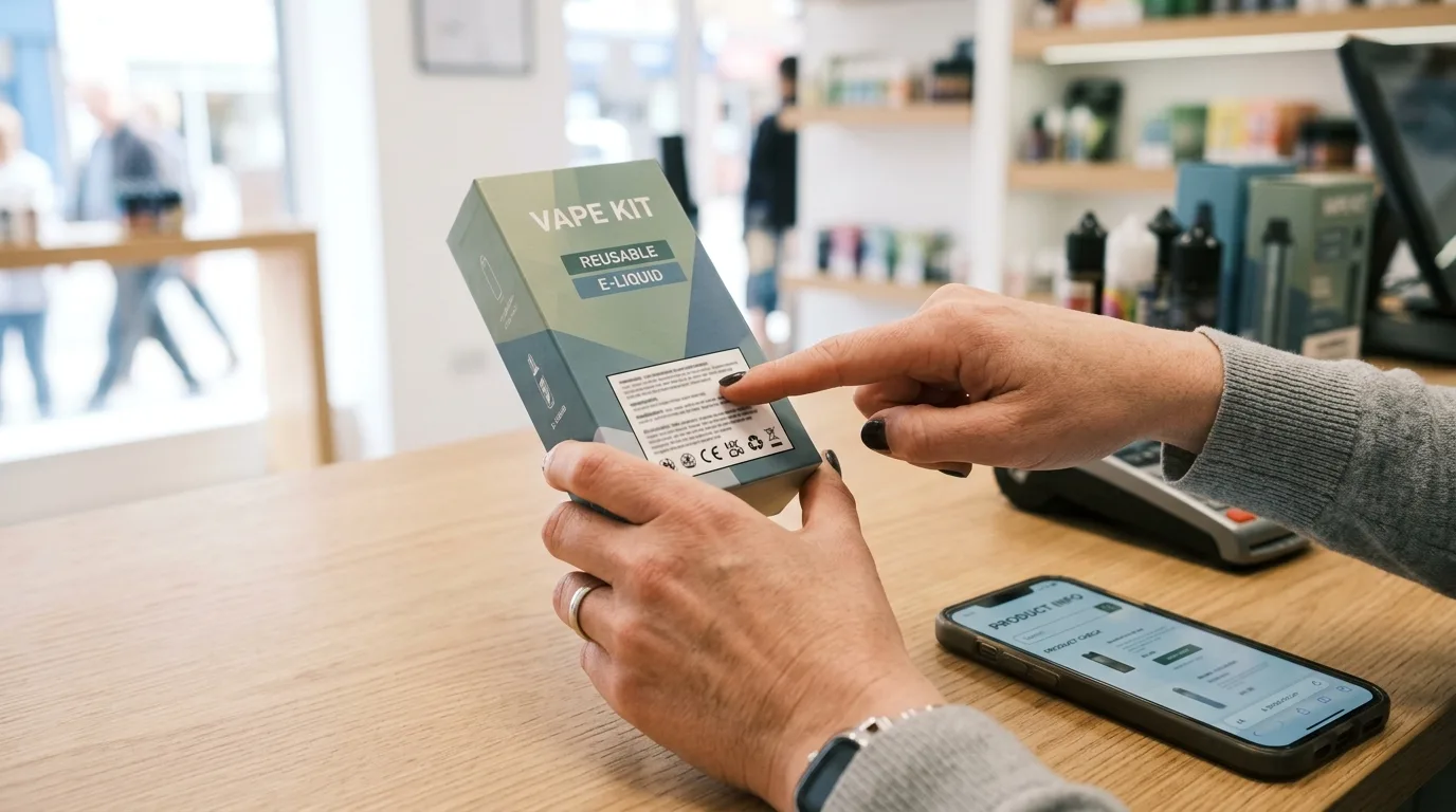 Adult hands pointing at the compliance label on the back of a vape-kit box, with a generic product-lookup webpage on a phone beside them.