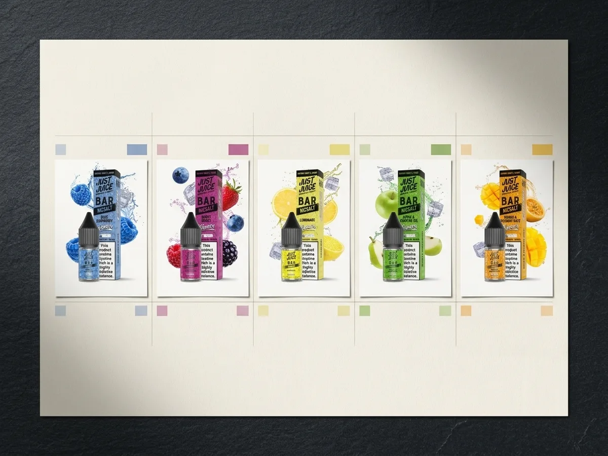 Just Juice Reborn Bar Salt flavour range comparison showing five 10ml nic salt pack shots