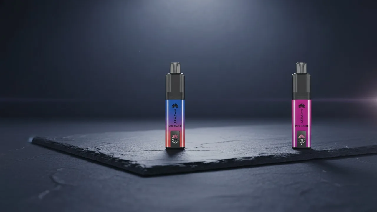 Two real Hayati Pro Max Plus 6000 prefilled vape devices on a premium dark slate surface.