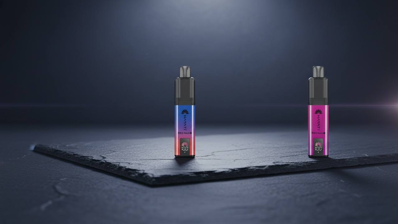 Two real Hayati Pro Max Plus 6000 prefilled vape devices on a premium dark slate surface.