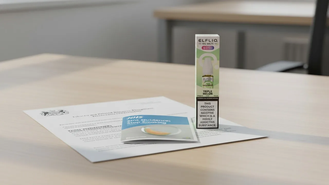 A real ELFLIQ Triple Melon nic-salt e-liquid beside UK regulatory documents and an NHS stop-smoking leaflet.
