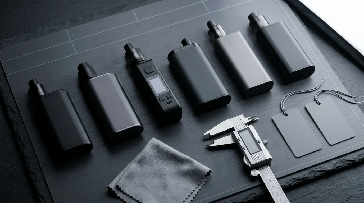 Unbranded vape device silhouettes shown in a neutral compliance inspection scene.