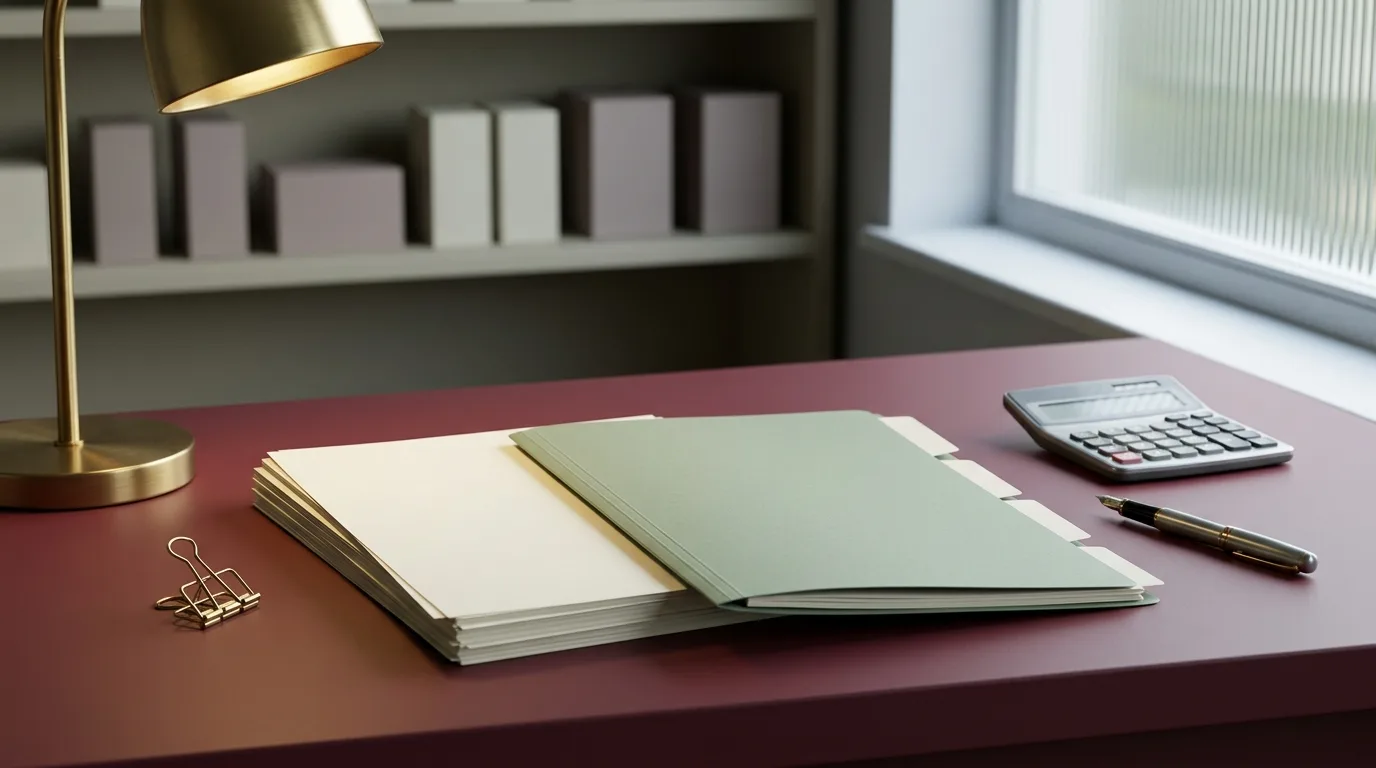 Blank evidence folder, papers and pen arranged for adult retailer business-rates record keeping.