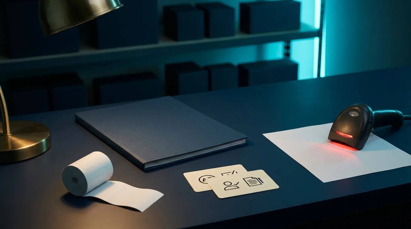 Adult retail compliance desk with blank audit materials and icon-only age-check cards.
