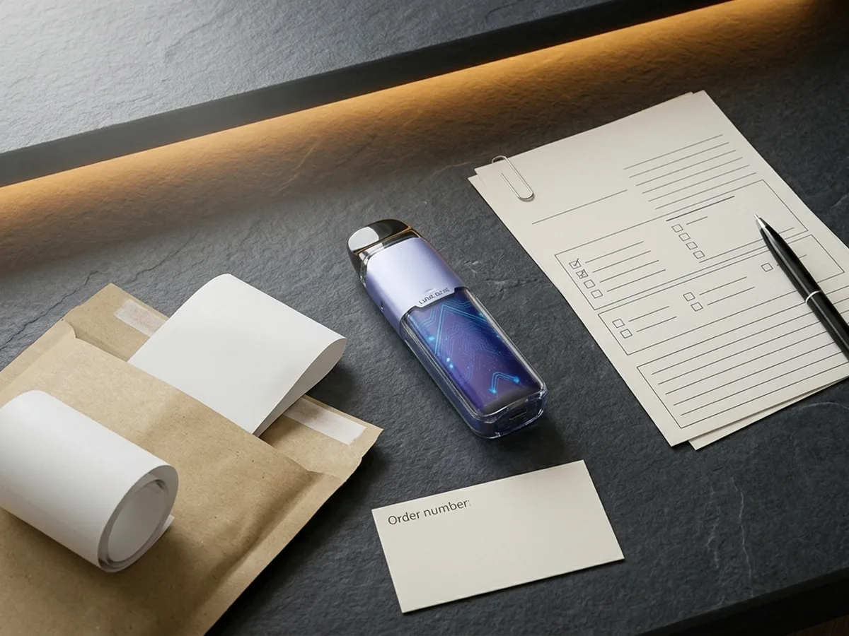 Neutral vape shop returns counter with rechargeable device, receipt, order card, return envelope and customer-service paperwork