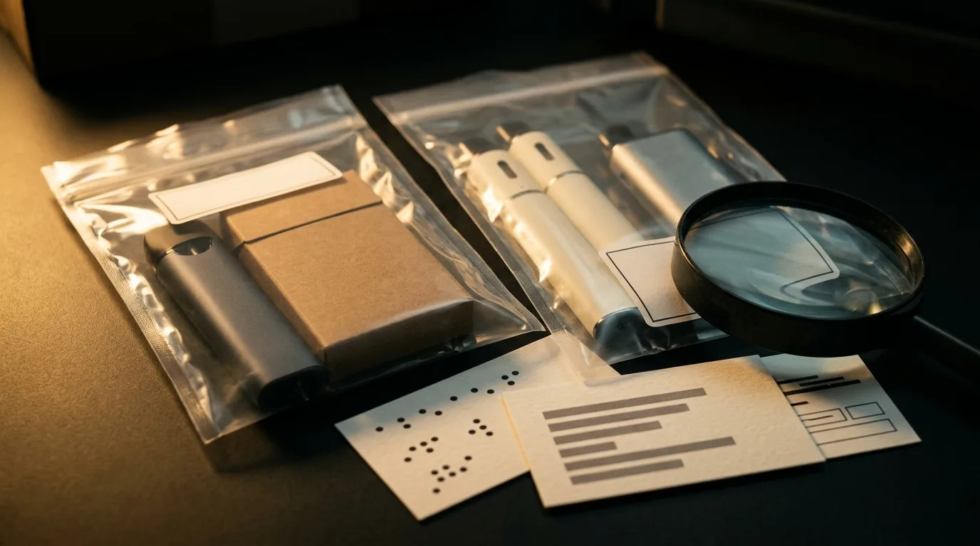 Compliance desk showing anonymised vape seizure figures and sealed plain packs.