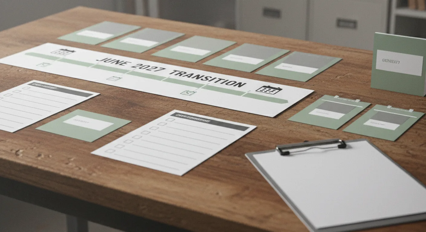 Professional compliance scene showing a transition register, legal review folder and neutral vape retail materials.