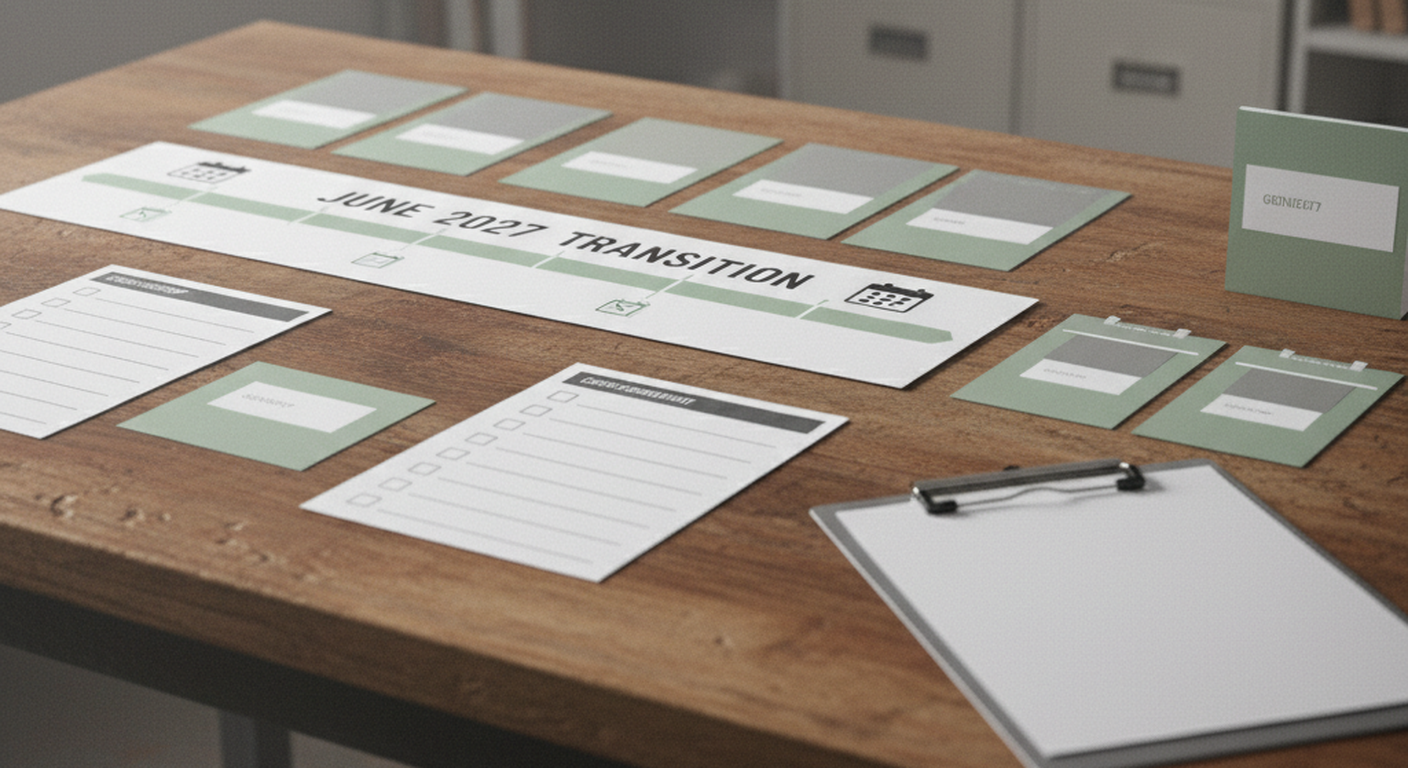 Professional compliance scene showing a transition register, legal review folder and neutral vape retail materials.