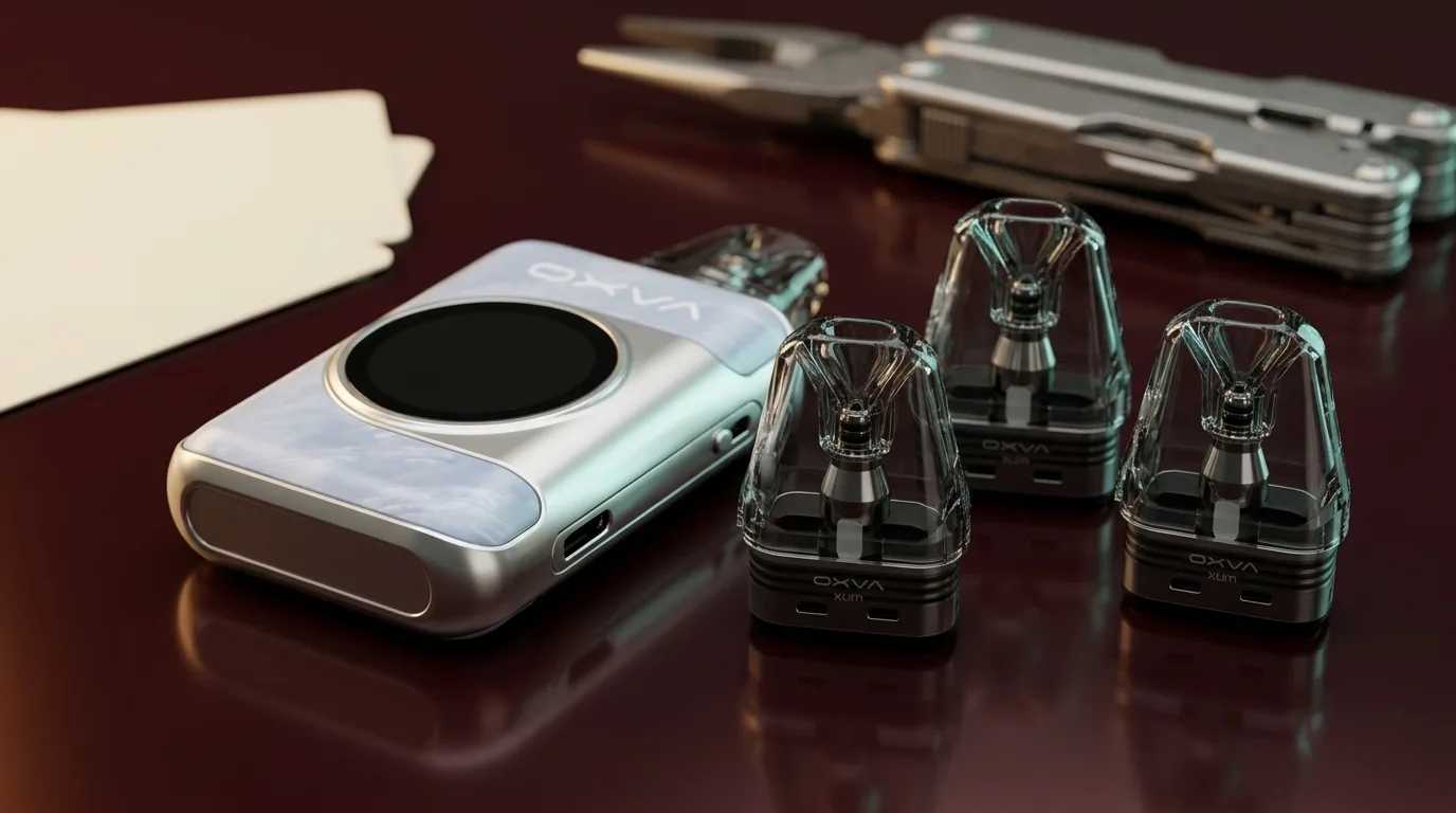 OXVA XLIM SQ Pro 2 device with compatible XLIM replacement pods arranged on a review bench.