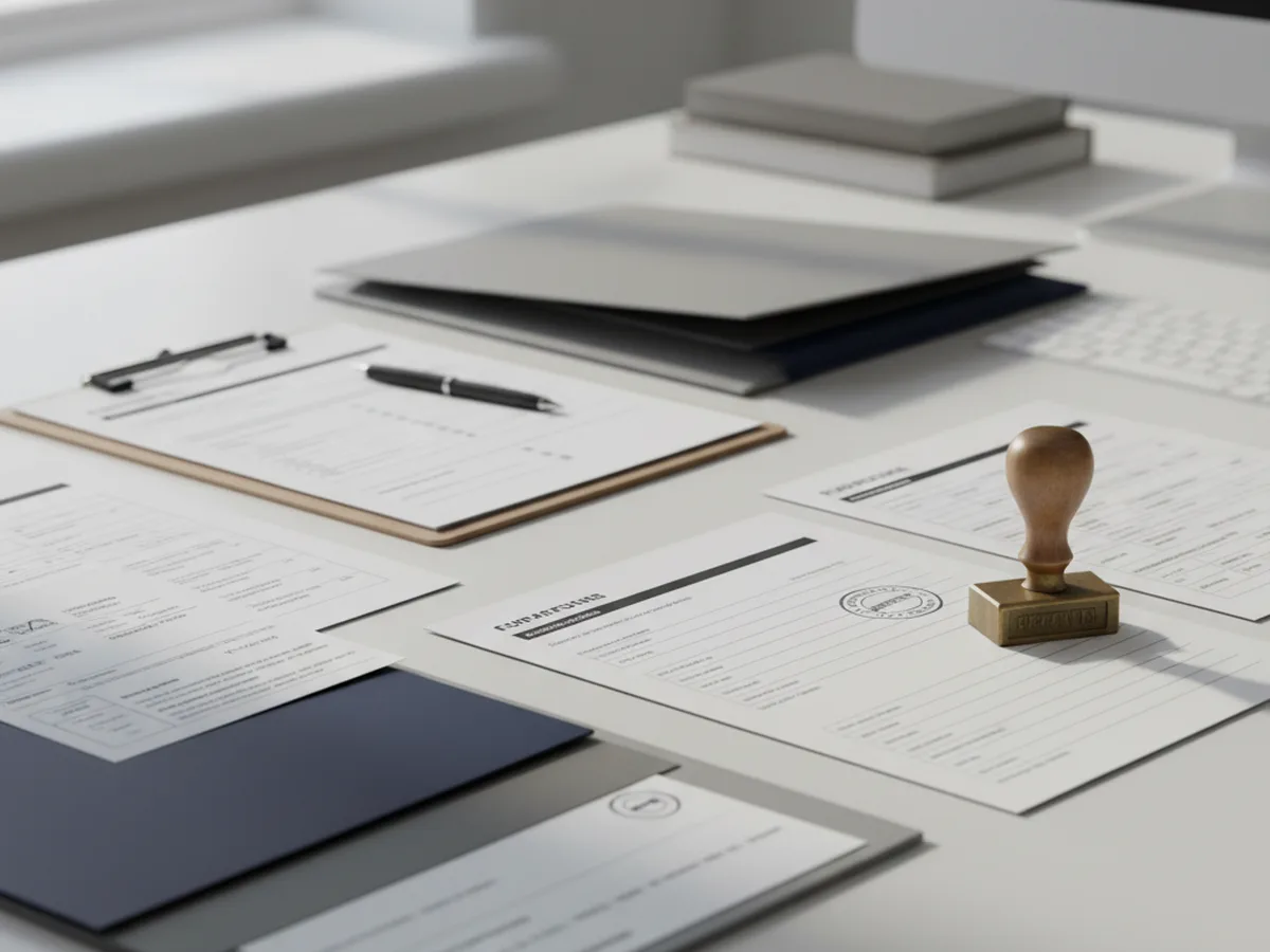 Compliance desk scene with open paper forms, a neutral checklist, and a customs-style stamp for a cross-border nicotine pouch launch watch article.