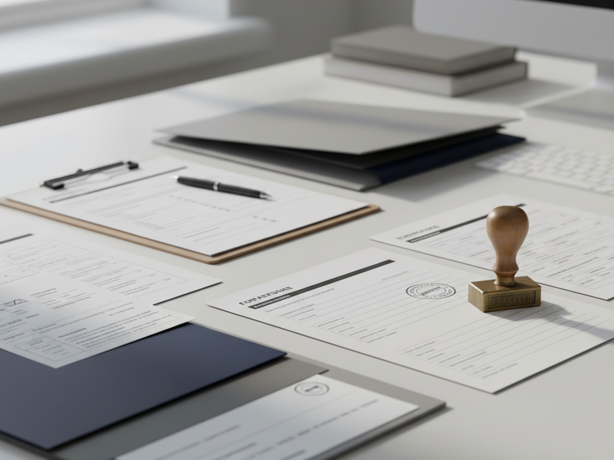 Compliance desk scene with open paper forms, a neutral checklist, and a customs-style stamp for a cross-border nicotine pouch launch watch article.